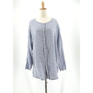 Flax 100% Linen Button Up Tunic Top Womens Small Roll Tab Sleeve Lagenlook Beach
